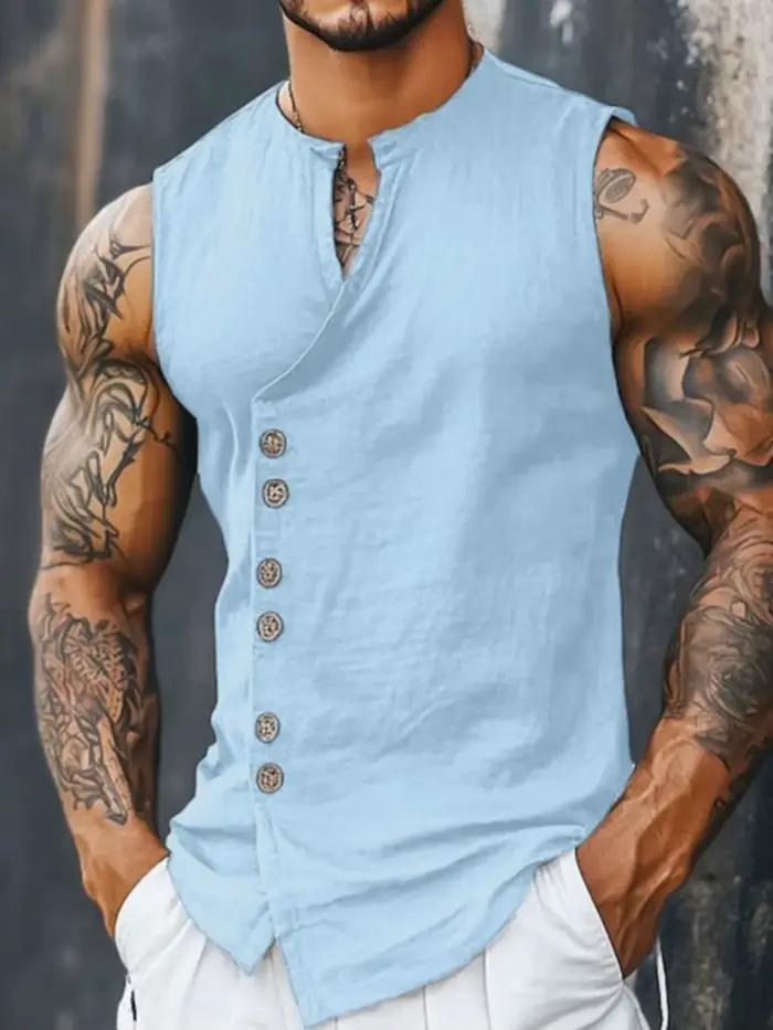 Gilet sans manches en lin pour homme - Débardeur décontracté d'été à boutons