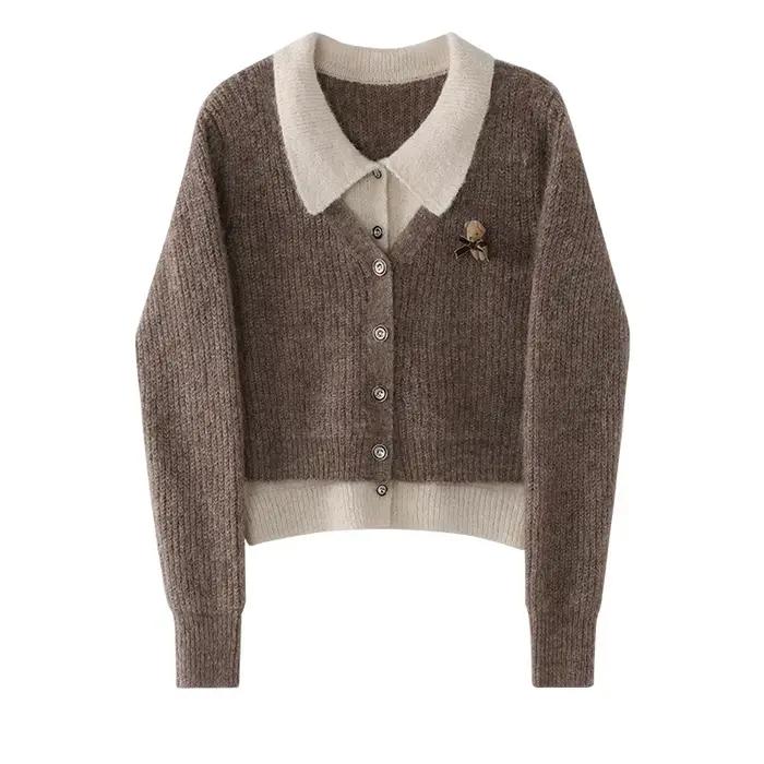 ALXNAN femmes Cardigan faux deux pièces conception régulière épaule bouton patte chandails doux pulls femme L51016