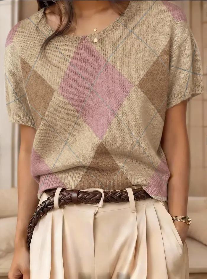 Pull en tricot à imprimé Argyle vintage pour femme