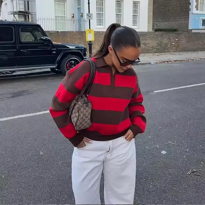 Pull tricoté rayé col polo pour femme