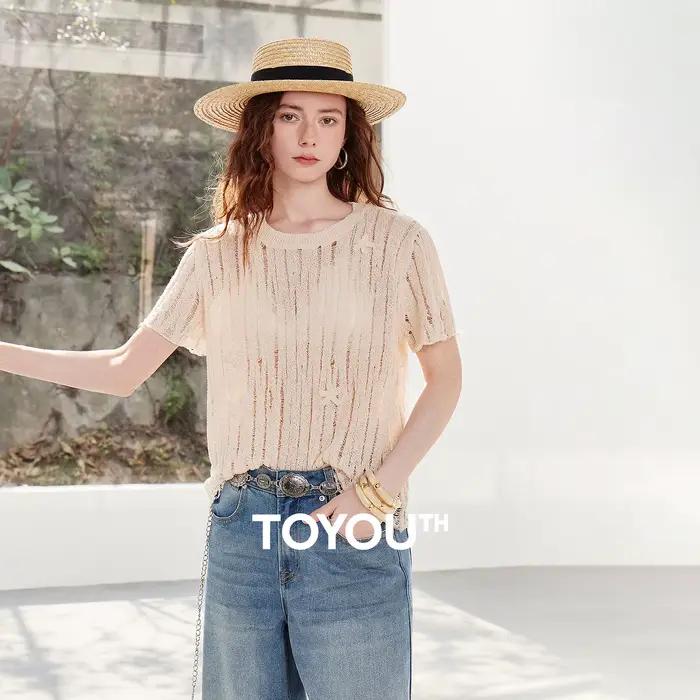 TOYOUTH Pull en lin ajouré pour femme