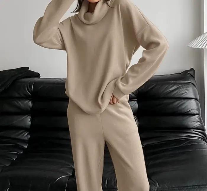 Ensemble de chandail en tricot à col haut kaki pour femmes