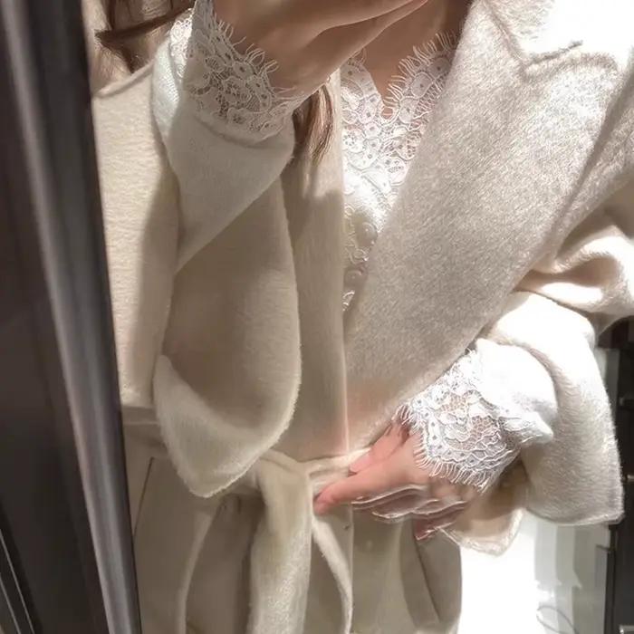 Sexy dentelle col en V pulls femmes mode Patchwork simple boutonnage Swraters femme coréenne Chic à manches longues doux sommets