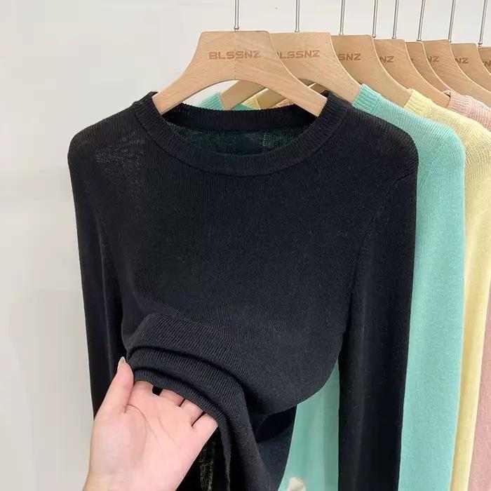 OCEANLOVE couleur bonbon mince Femme chandails solide col rond mode coréenne pulls bases printemps automne doux Pull