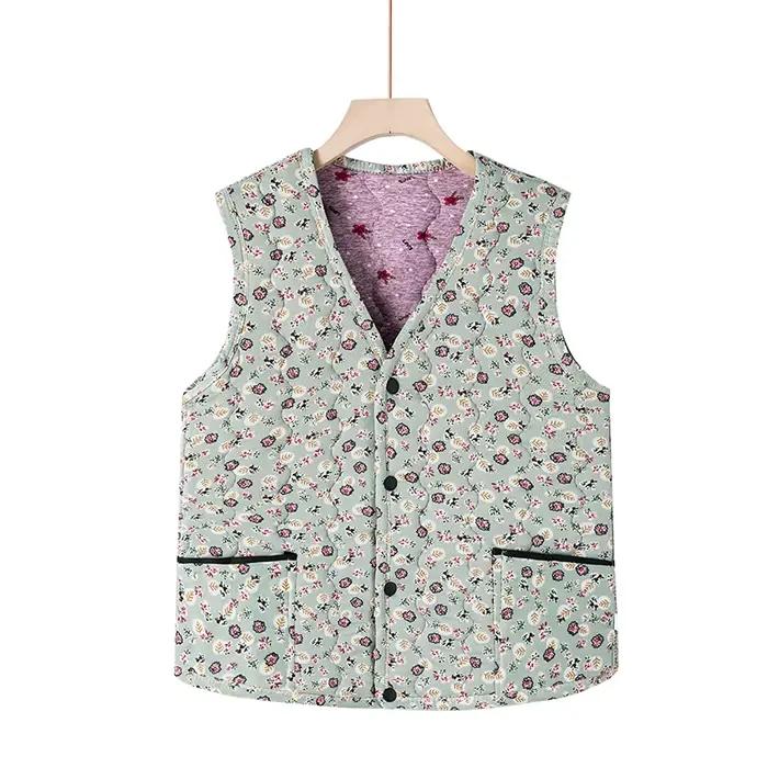 Gilet en polyester tricoté à fleurs pour femmes, coton chaud, col en V, boutons et poches, pour automne et hiver