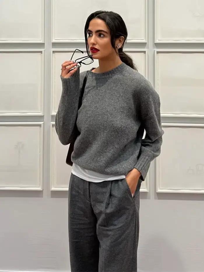Mode gris col rond tricoté pull femmes à manches longues surdimensionné