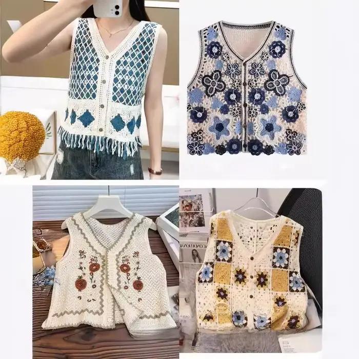 Gilet sans manches en tricot ajouré pour femme