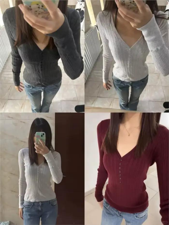 T-shirts en tricot à col en V avec boutons pour femmes
