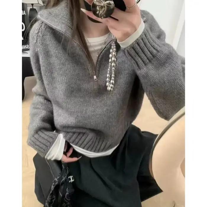 Pull 100% cachemire à col haut et demi-fermeture éclair
