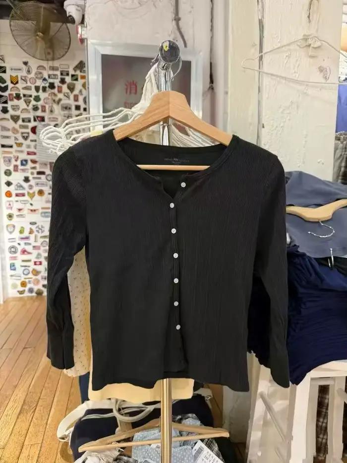 Oeillet noir bouton hauts Cardigan femmes nouveau coton Patchwork demi manches T-shirts femme Vintage Preppy Style