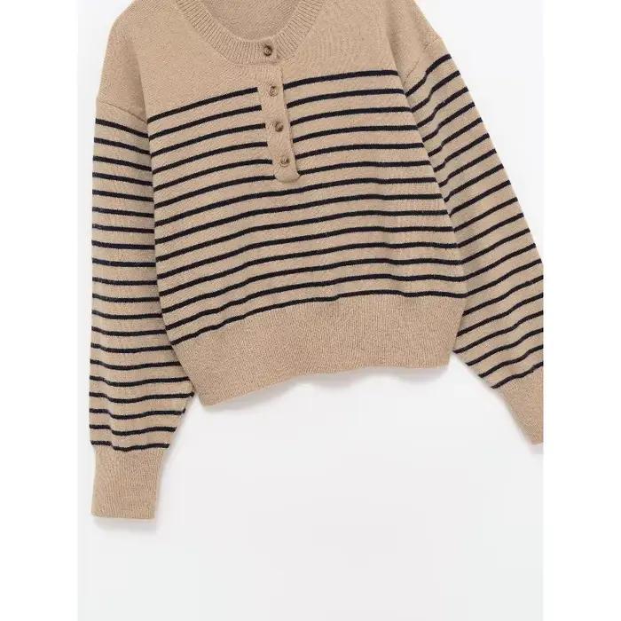Col rond rayé tricoté pull femmes confortable