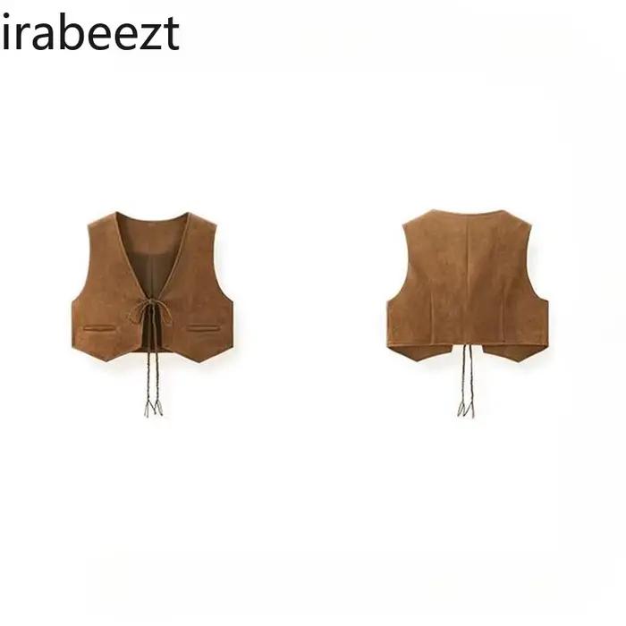 Cardigan en daim plié couleur café Vintage à lacets col en v gilet femmes automne hiver Style court Casaco Feminino