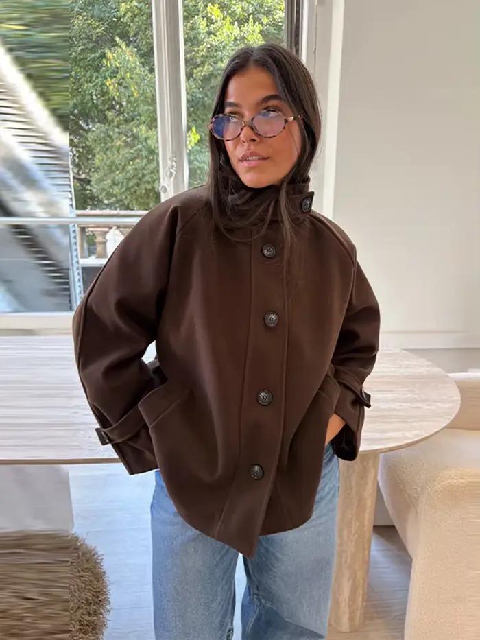 Col montant laine pardessus femmes élégant à manches longues simple boutonnage ample début du printemps Bomber manteau vestes nouvelle dame vêtements d'extérieur