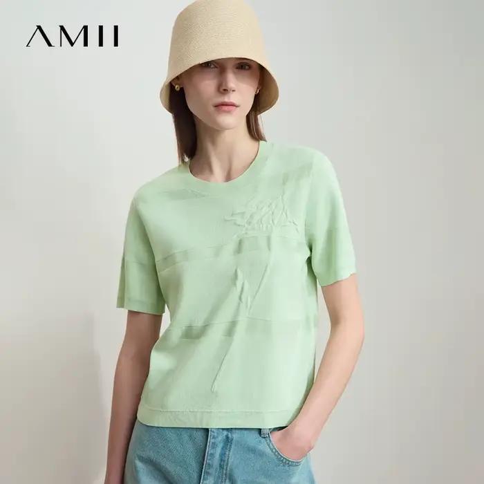 AMII minimaliste été chandails femmes 2025 imprimer col rond manches courtes pulls femme mode décontracté tricoté hauts 12522078