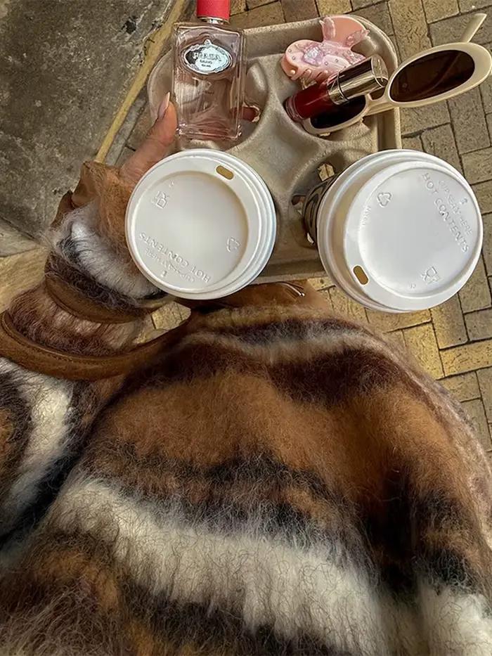 Rétro Mohair rayé pull femmes décontracté en peluche ample col rond manches longues chandails femme 2025 automne Chic rue tricots
