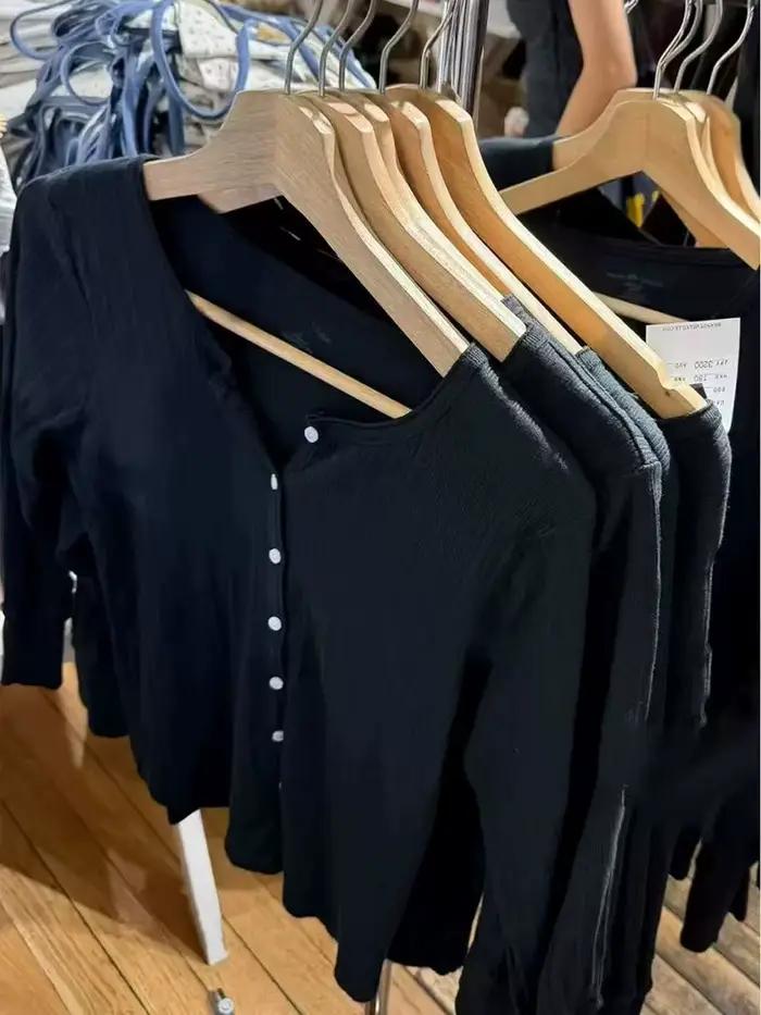 Oeillet noir bouton hauts Cardigan femmes nouveau coton Patchwork demi manches T-shirts femme Vintage Preppy Style