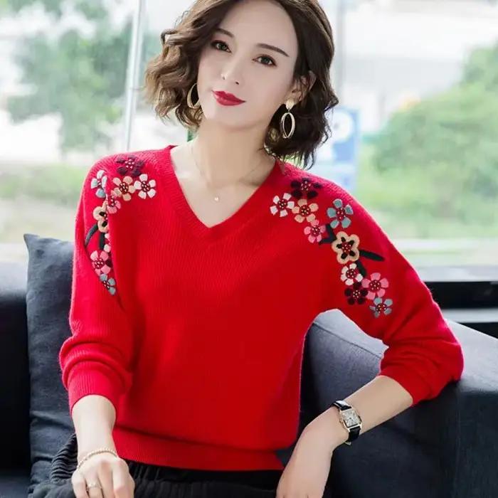 Col en v broderie tricoté pulls femmes mode automne élastique chandails grande taille tricots de style décontracté hauts Femme chemise de fond