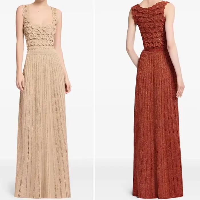 Robe longue en tricot métallique à col rond et manches longues pour femmes