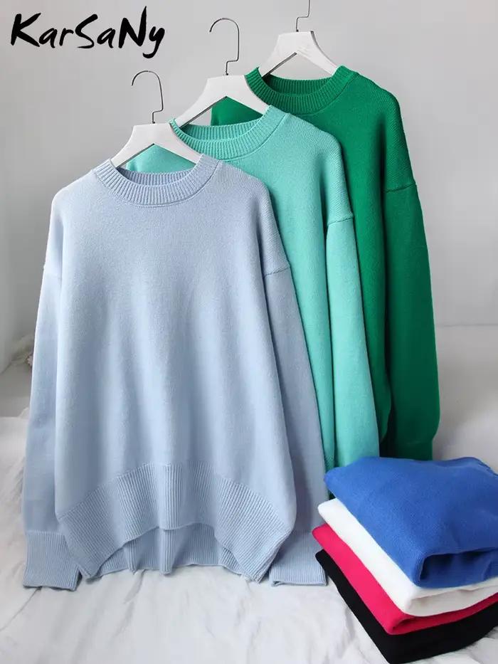 Chandails de base épais femmes 2025 automne surdimensionné bleu Royal tricoté pull ample chaud col rond