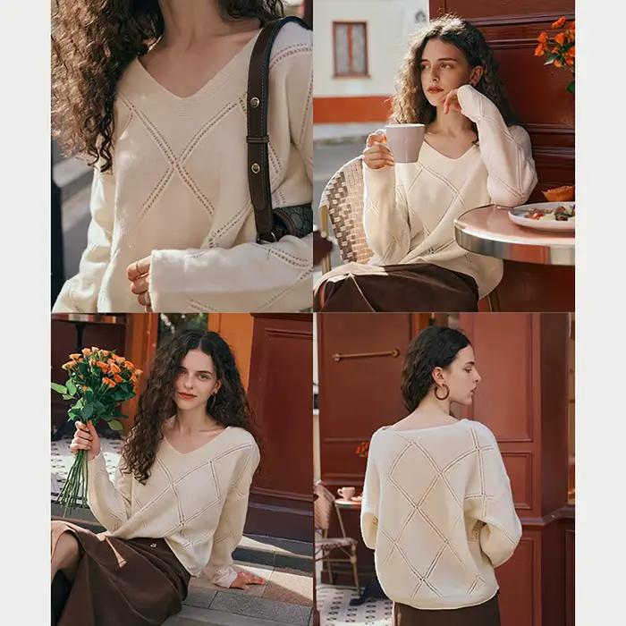 OLrain Pulls Solides Argyle Automne 2026 Coupe Ample Décontractée Col V Creux en Mohair Doux Tricot de Commuting M56QM66065
