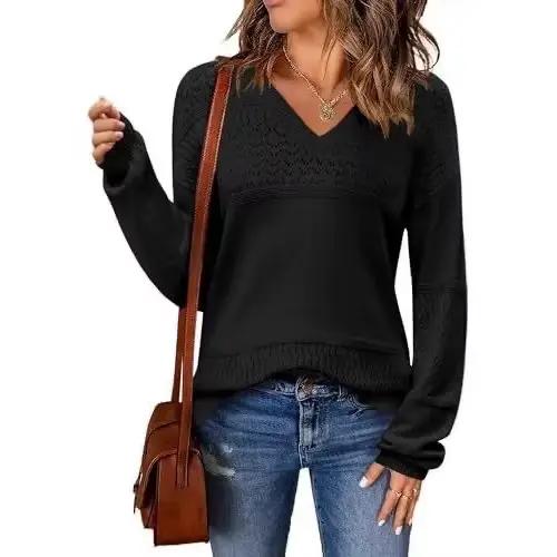 Pull ajouré à col en v pour femmes
