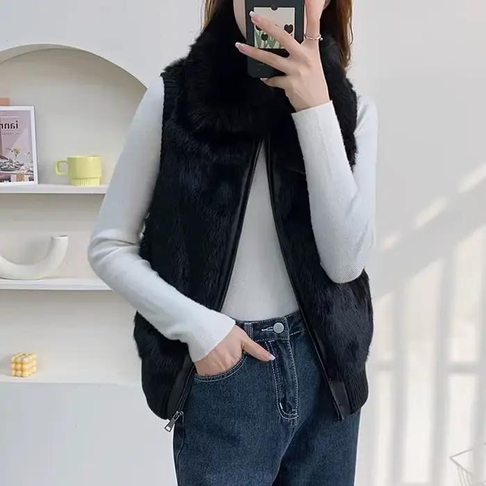 Femmes véritable réel lapin fourrure gilet manteau tricot hiver col