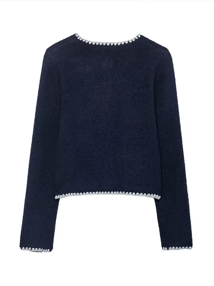 Cardigan tricoté brodé bleu marine pour femme
