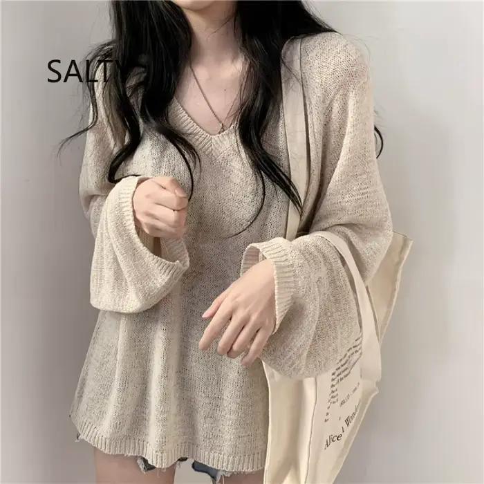 Col en v tricots femmes 2025 nouveau automne couleur unie hauts Style ample à manches longues bureau pulls femme