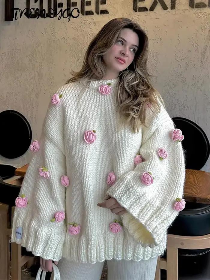 Pull tricoté surdimensionné à fleurs 3D pour femmes