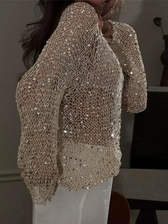 Chemisier tricoté à paillettes et col rond pour femme