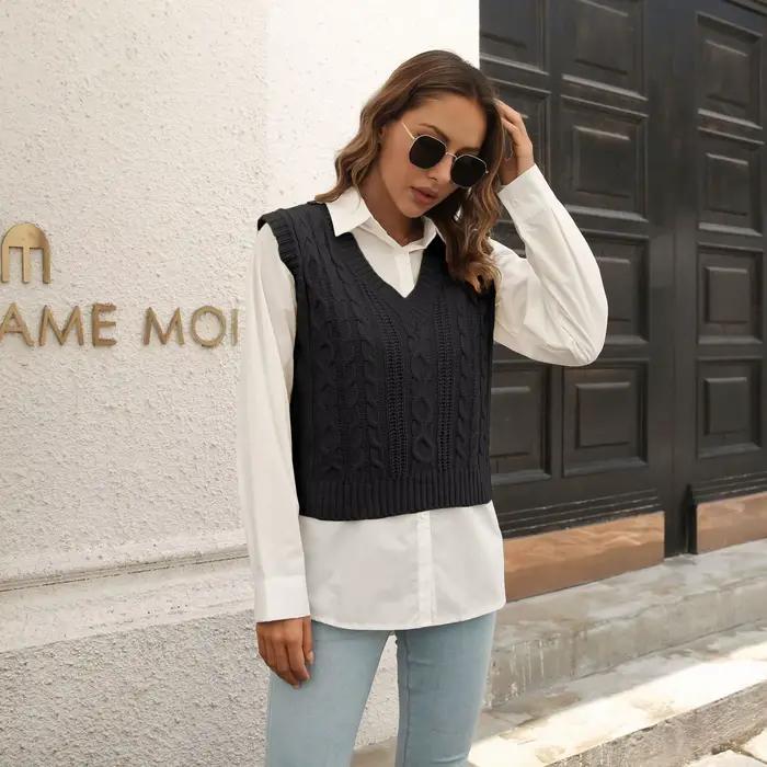 Gilet pull femme col en V en tricot beige
