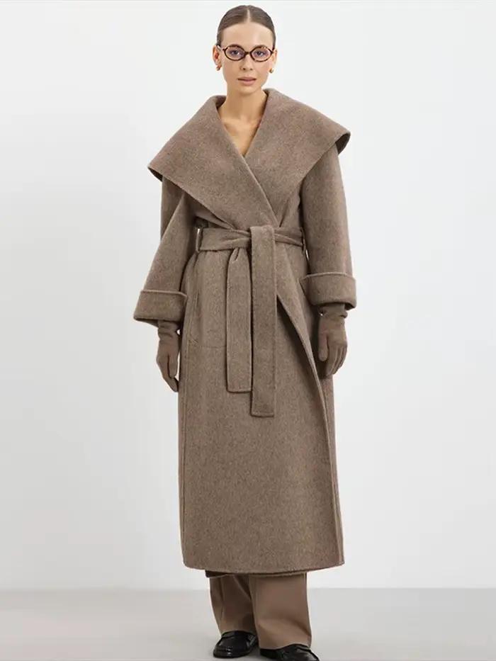 Élégant grand col Long manteau femmes rétro Chic lâche châle Tweed manteaux avec ceinture femme 2025 hiver décontracté rue vêtements d'extérieur