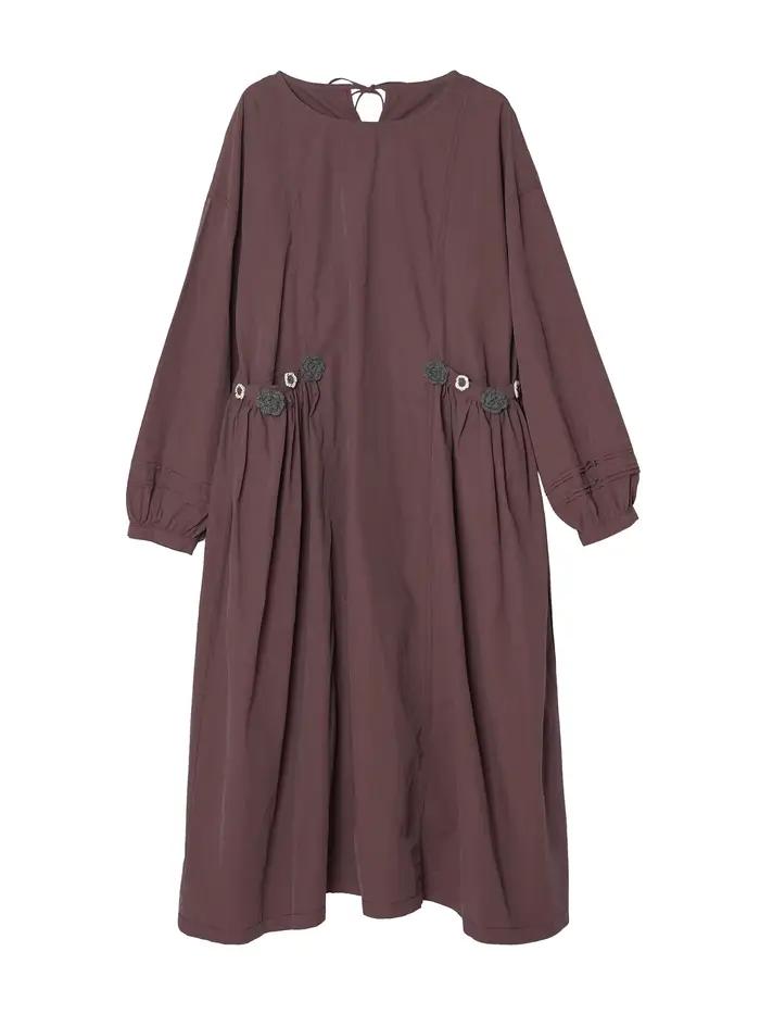 Robe Imakokoni 2025 automne Carmine violet rétro en coton lavé à la main pour femmes, mi-longue avec manches lanternes et col rond, pour occasions spéciales
