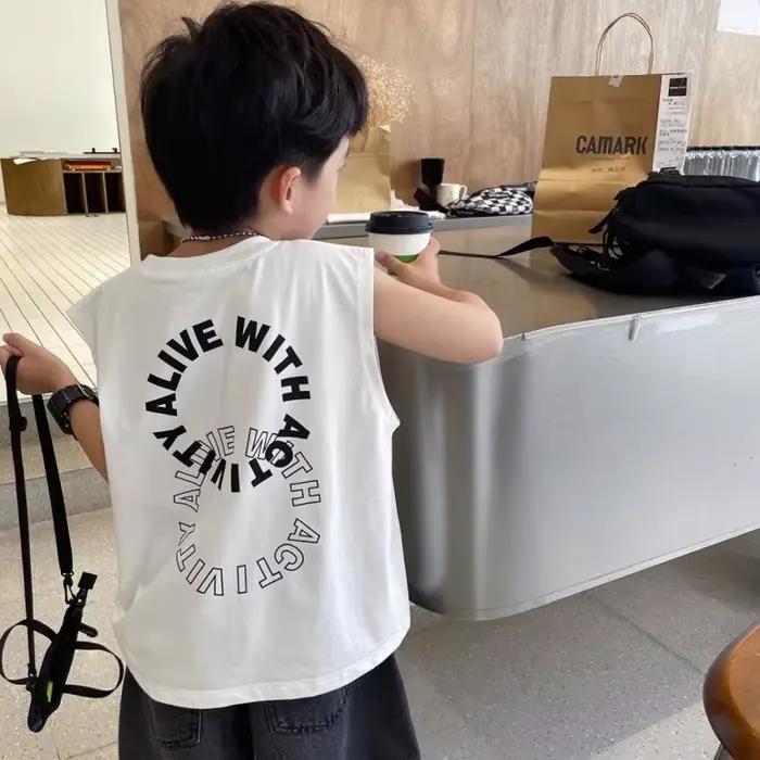 Bébé garçon lettre imprimé gilet 2025 vêtements d'été filles sans manches solide T-Shirts enfants mode hauts amples enfants T-Shirts occasionnels