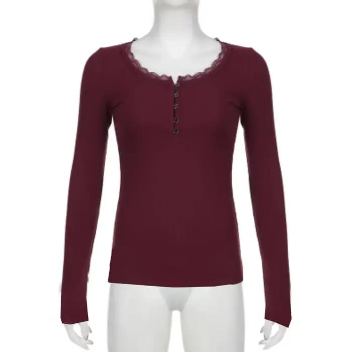 T-shirt Femme Dentelle Boutonné Style Vintage Prêt-à-Porter Occasions Spéciales Automne Été Mode Élégante Manches Longues