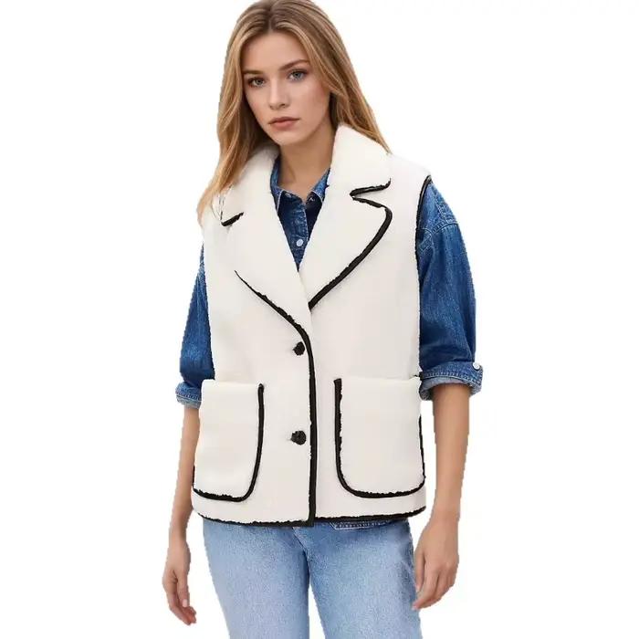 2025 automne et hiver nouvelle laine d'agneau couleur bloquée revers avec bord conception pour les femmes portant des gilets