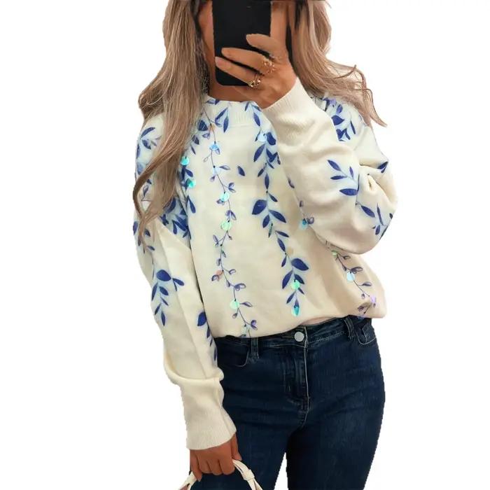 Nouveau pull décontracté à paillettes à fleurs