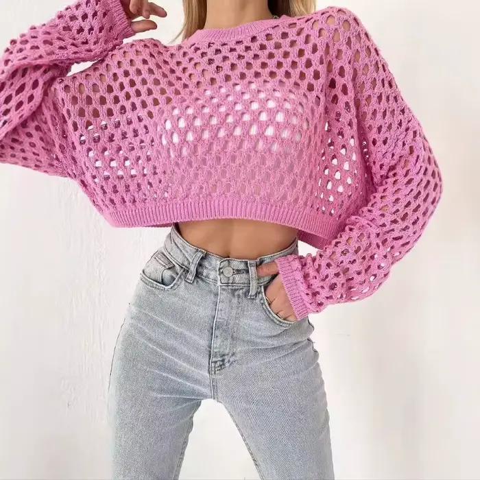 Pull ample à manches évasées et col rond pour femme, tricot ajouré