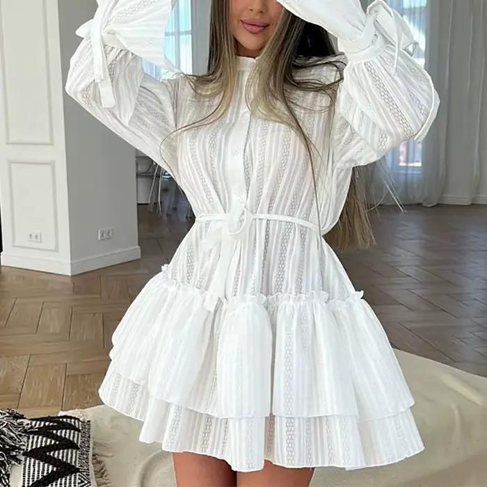 Robe courte drapée à col montant pour femmes, élégante, mode, ourlet à volants, couleur unie, ample, ligne a, décontractée, manches longues, robes d'automne