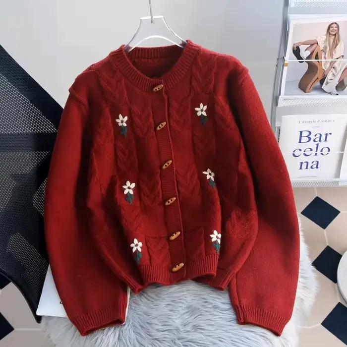 Veste pull torsadée brodée rétro pour femmes