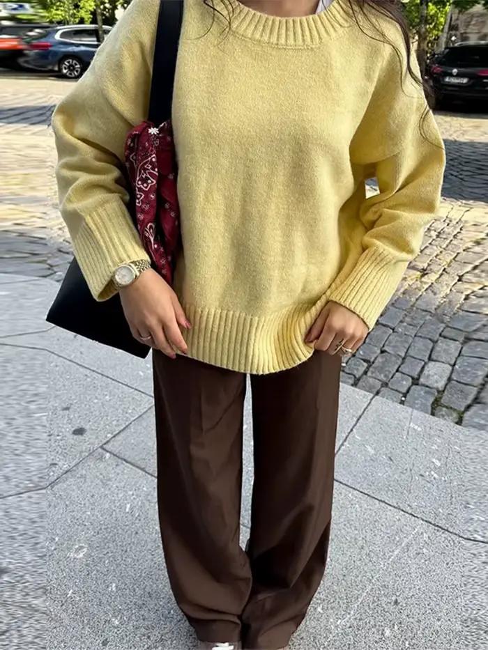 Mode gris col rond tricoté pull femmes à manches longues surdimensionné