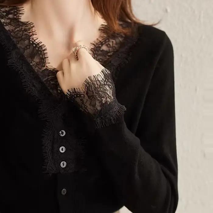 Sexy dentelle col en V pulls femmes mode Patchwork simple boutonnage Swraters femme coréenne Chic à manches longues doux sommets
