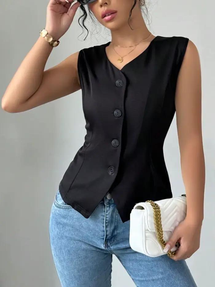 Gilet pour femme en polyester noir, col en V, boutons discrets, coupe ajustée et ourlet asymétrique pour bureau et occasions spéciales printemps-été