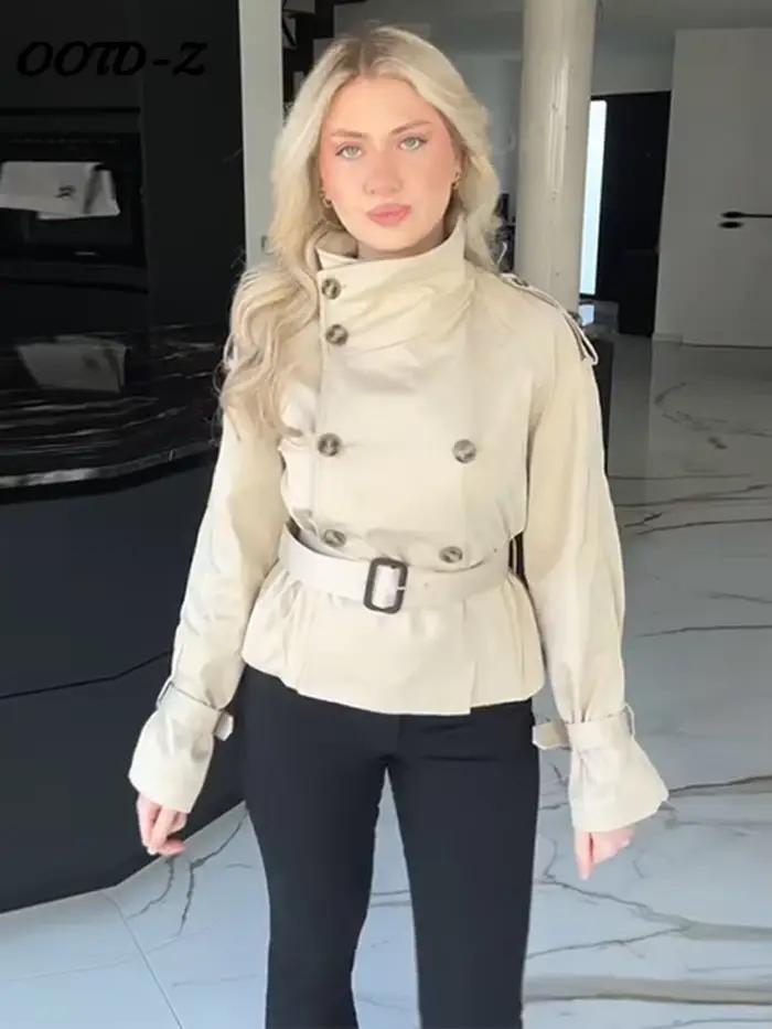 Mode manches évasées femmes manteau élégant col montant simple boutonnage