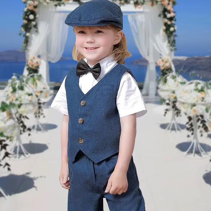 Vêtements Pour Enfants Avec Chapeaux Costumes De Mariage Costumes Baptême Ensemble Fête D’anniversaire Manches Courtes Gentleman Lot 4 Pièces