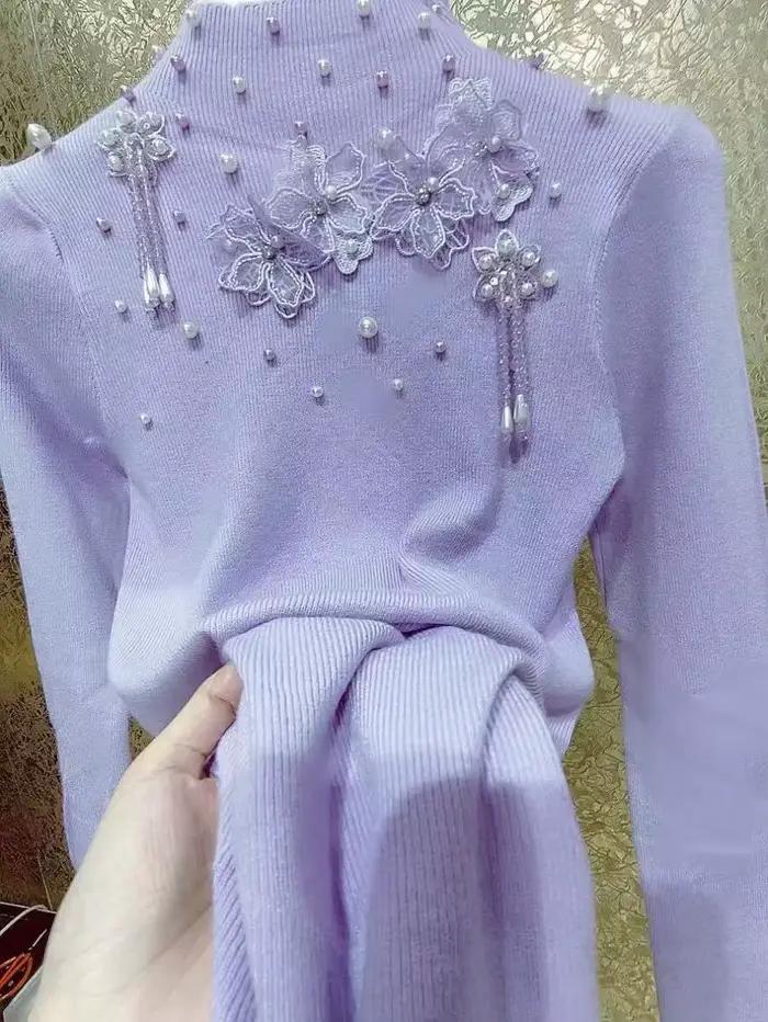 Pull en tricot pour femme avec perles