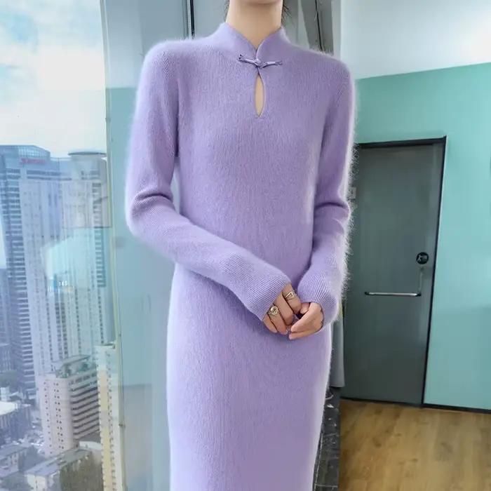 Robe longue tricotée à col rétro pour femme