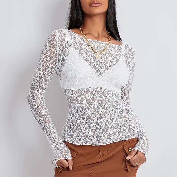 Puloru-Pull transparent en dentelle transparente pour femme