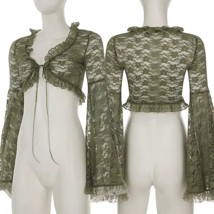 Cardigan vert en dentelle à nouer pour femme
