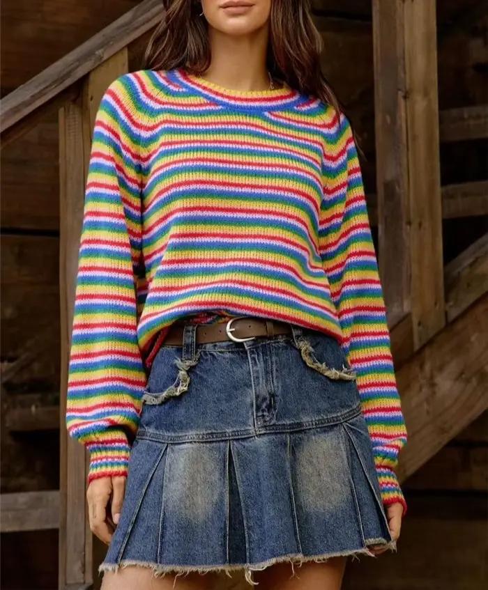 Pull rayé arc-en-ciel, haut tricoté rétro
